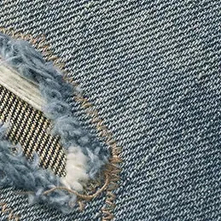 Distressed straight fit selvedge men's jeans