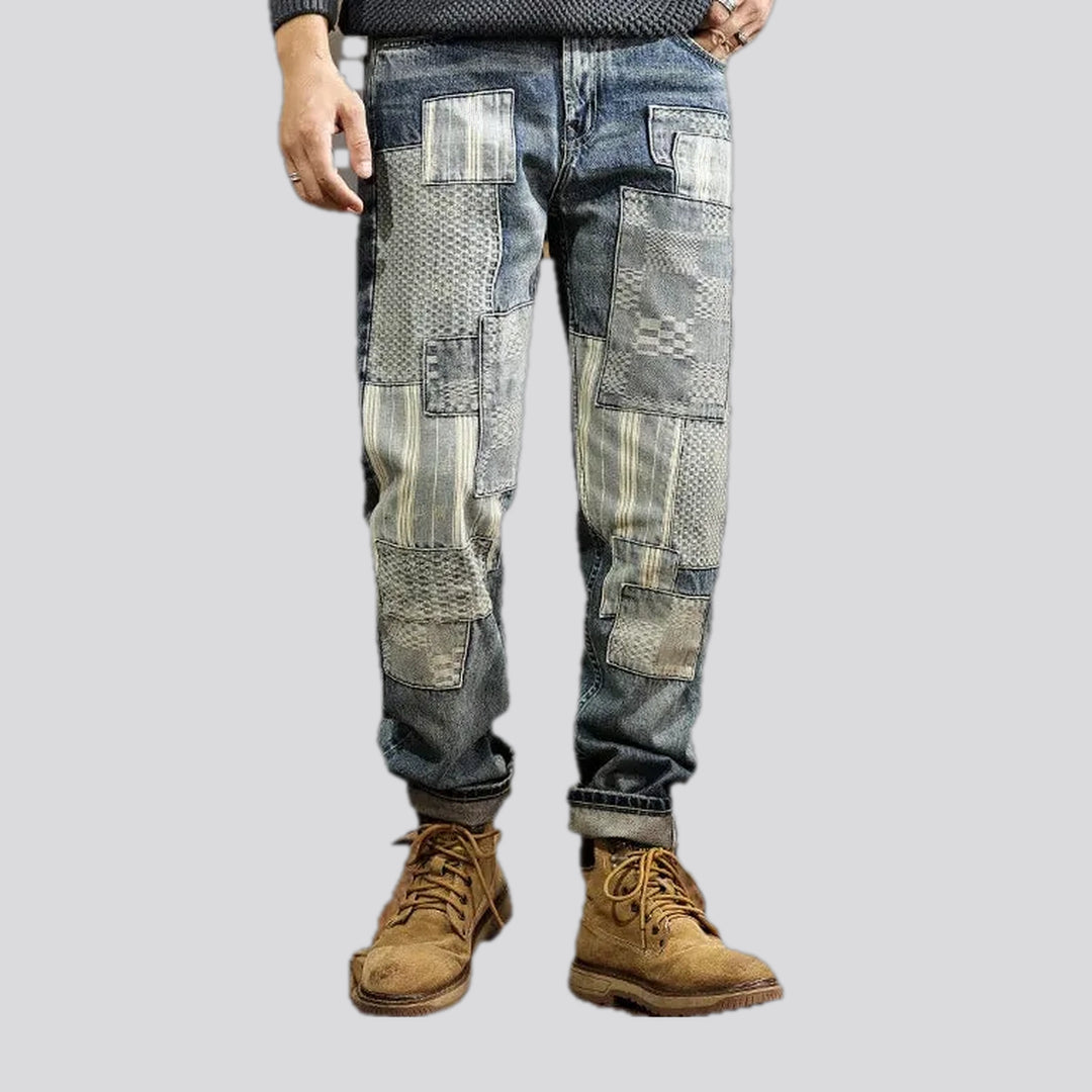 Checkerboard striped loose jeans for men